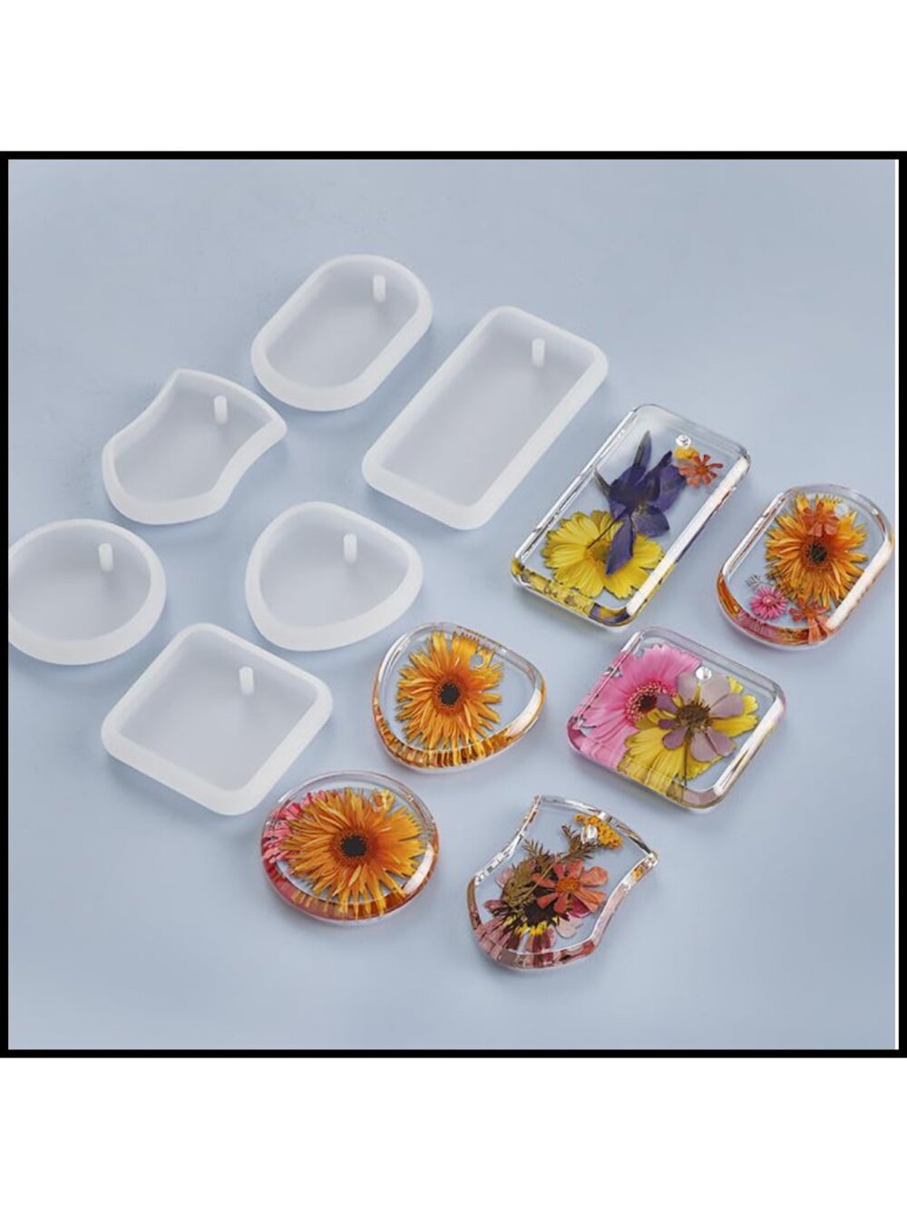 6pc Silicone Resin Molds for Pendant, Heart Rectangle Square Shield Oval Epoxy